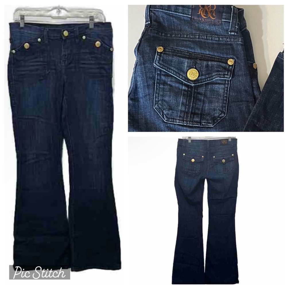 Rock And Republic Jeans 8M Dark Blue Flare Like New oversized Pockets